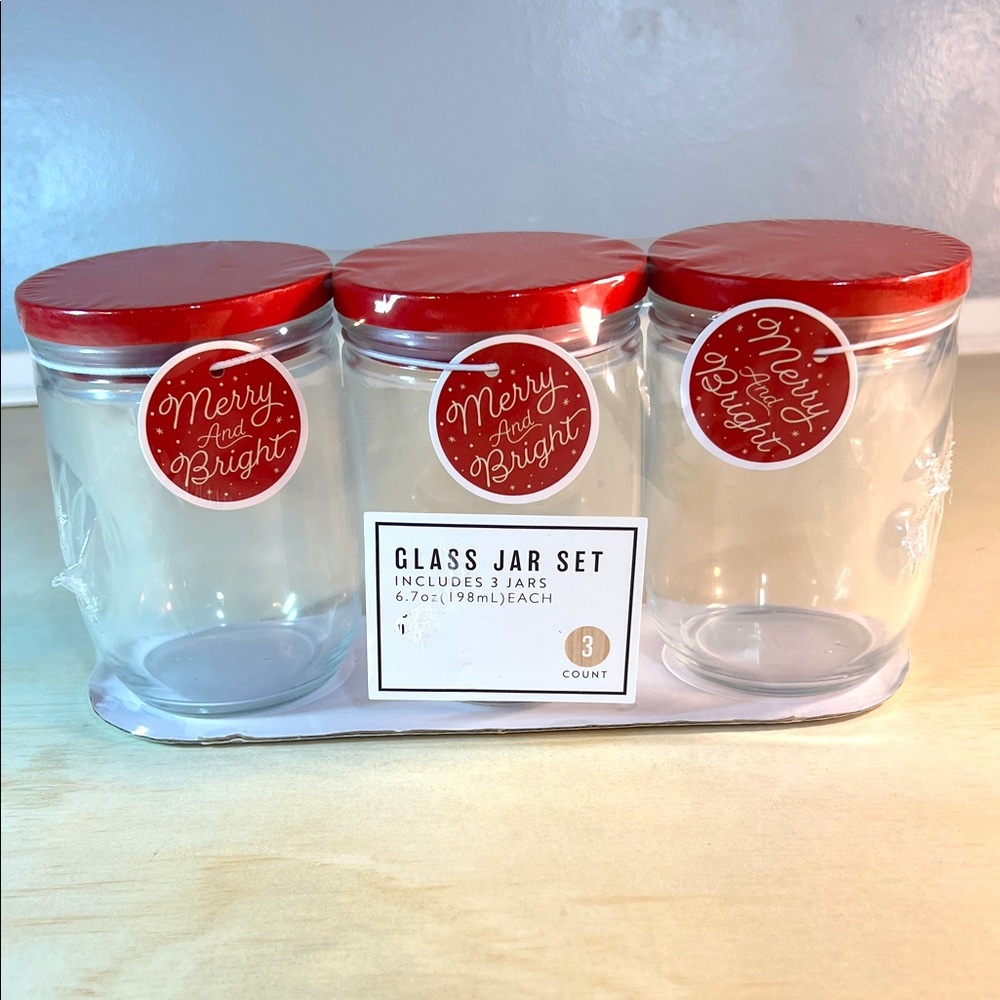 Glass Jar Set with Red Wooden Lids Tags too